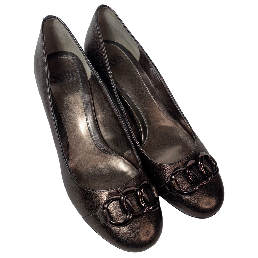 New Sofft Women's Brown Bronze Metallic Leather Chain Block Heel Pumps Shoes 9W